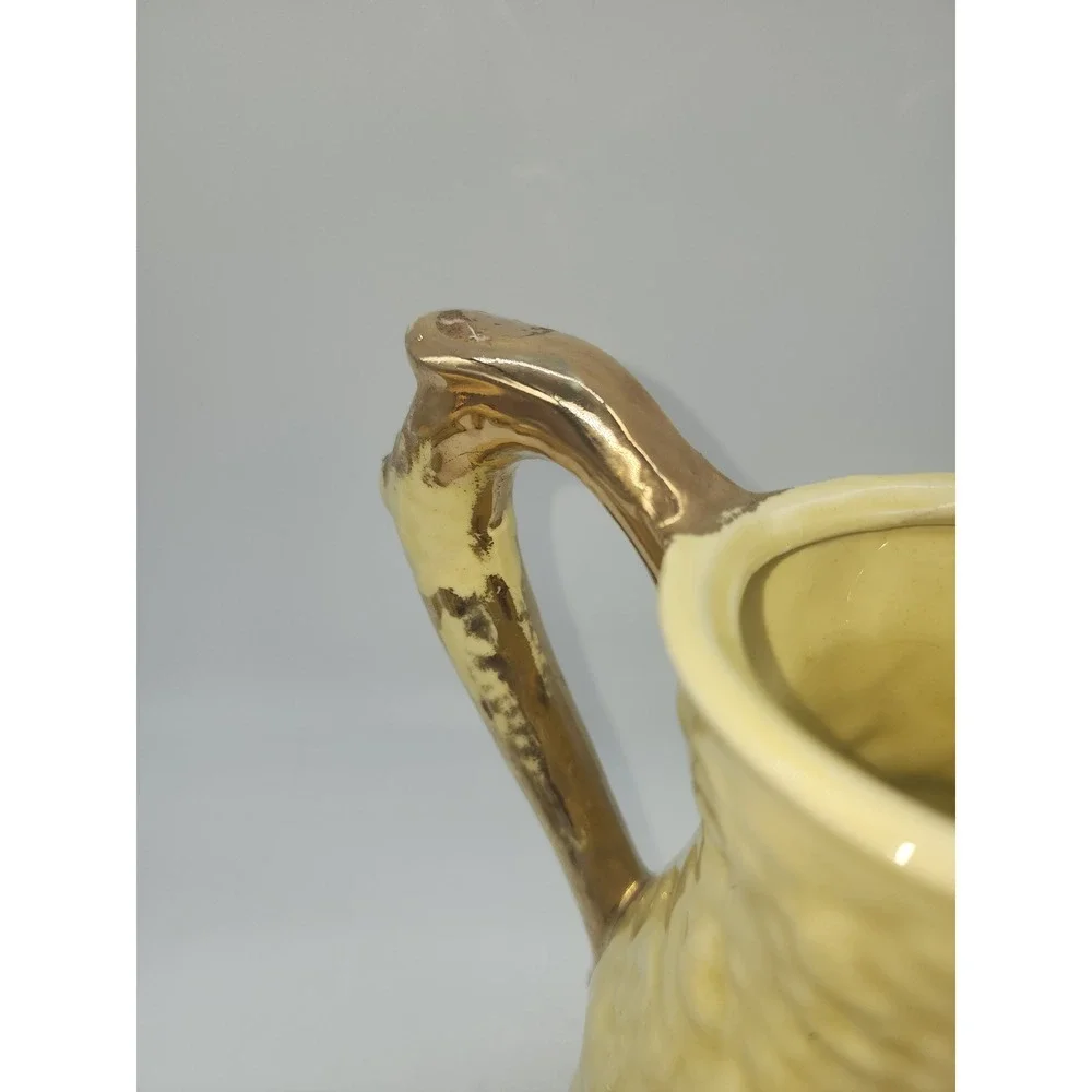 Vintage Yellow Ceramic Tea Set Embossed Floral Gold Trim Teapot Sugar Creamer
